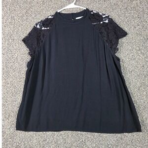 12Thompson Short Sleeve Blouse Women XL Black Lace Raglan Mock Neck Top